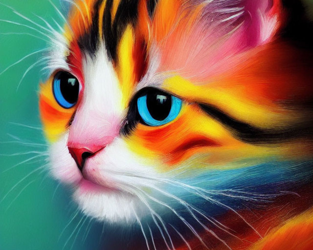 Colorful Cat Digital Painting with Blue Eyes on Green Background