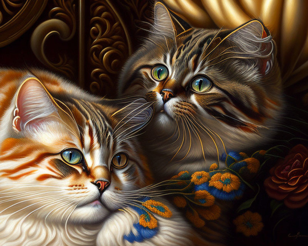 Realistic fluffy tabby cats with green eyes in front of ornate gold details and flowers.