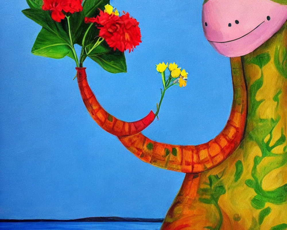 Smiling cartoon dinosaur holding plants on blue background