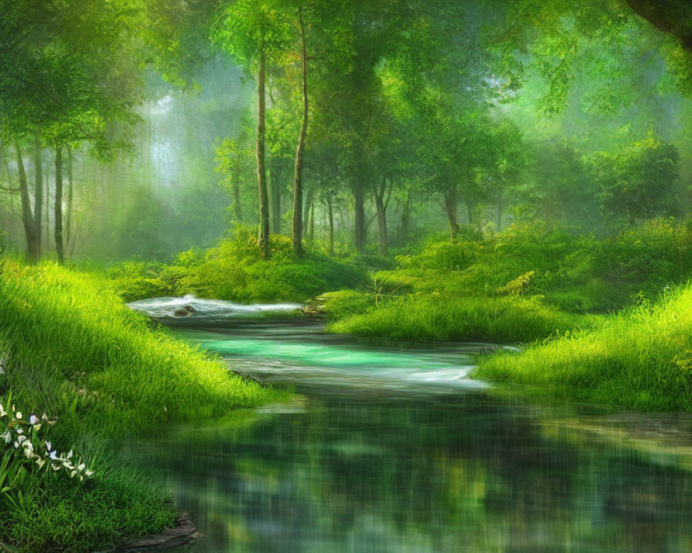 Tranquil forest landscape with lush green canopy, flowing stream, and sunbeams.