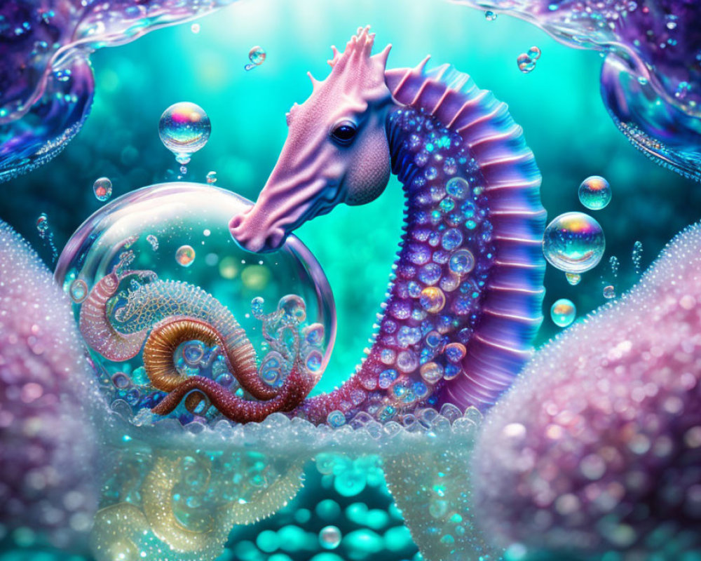 Colorful Seahorse Illustration in Underwater Fantasy with Bubbles & Coral