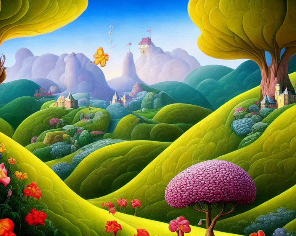Colorful landscape with green hills, castle, and unique pink tree