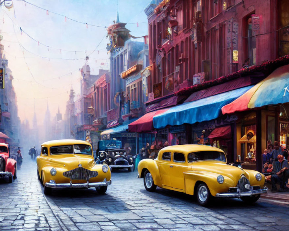 Colorful vintage cars and bustling shops in a vibrant street scene