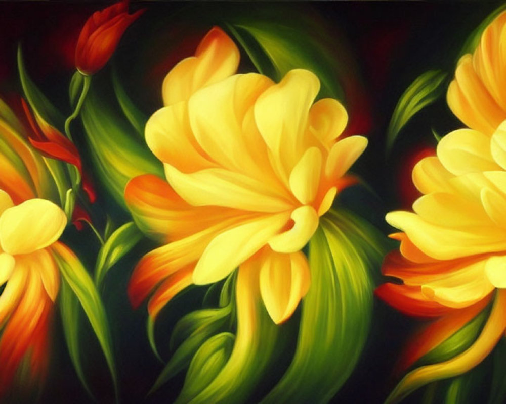 Colorful painting of blooming yellow flowers on dark background