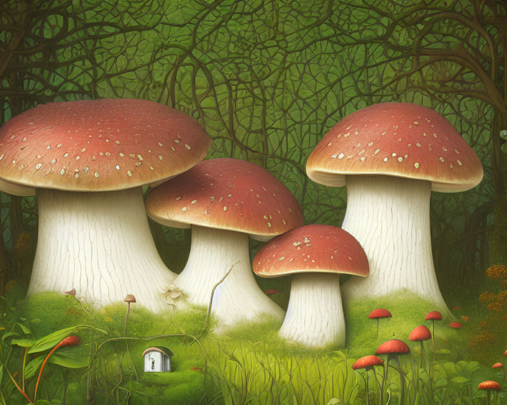 Enchanting forest scene with whimsical mushrooms and tiny door