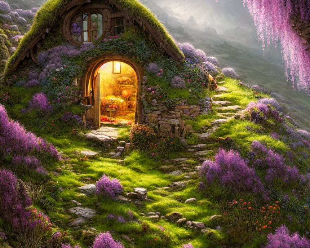 Stone cottage with thatched roof surrounded by greenery and purple flowers at sunset