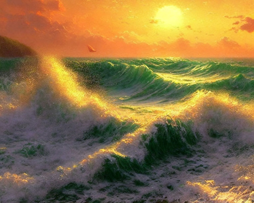 Scenic ocean sunset with cresting wave and orange glow