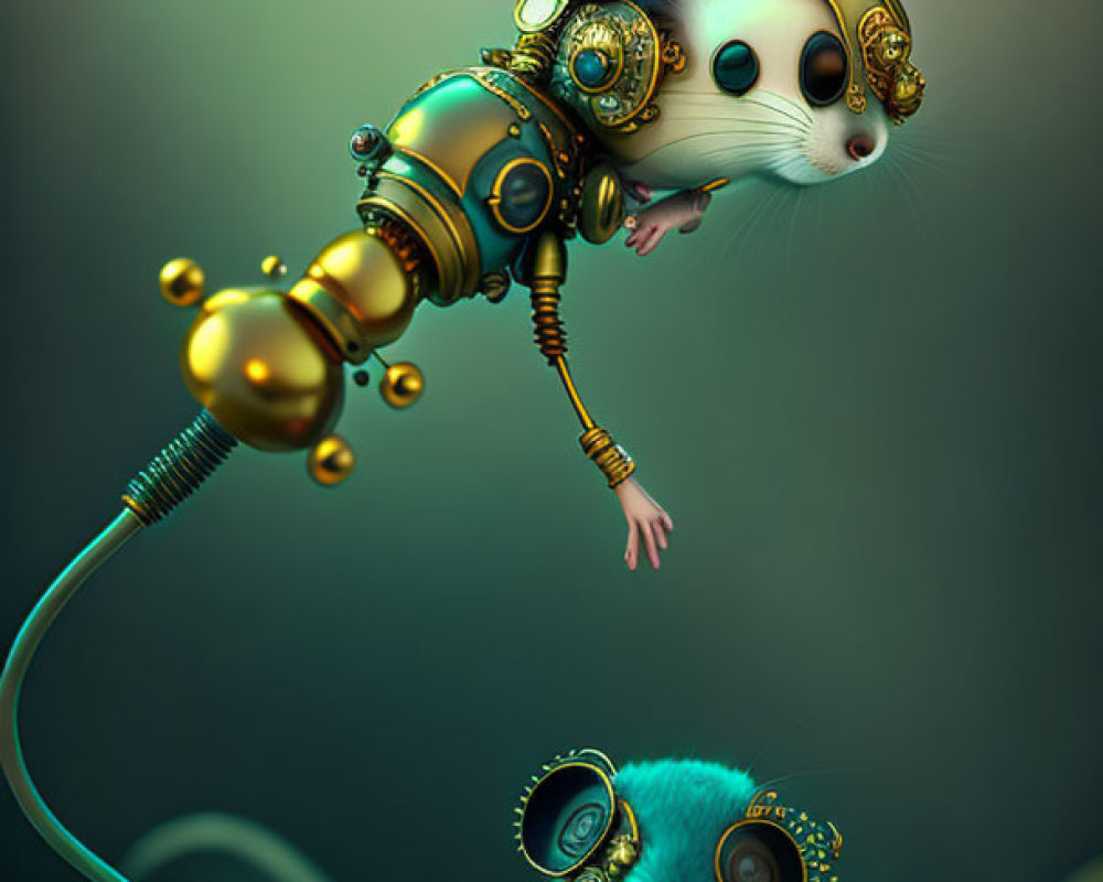 Stylized steampunk mouse and bug on leafy background