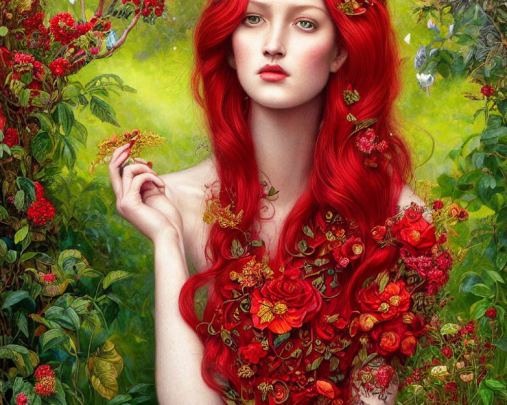 Vivid artwork of woman with red hair and leaf crown on green background