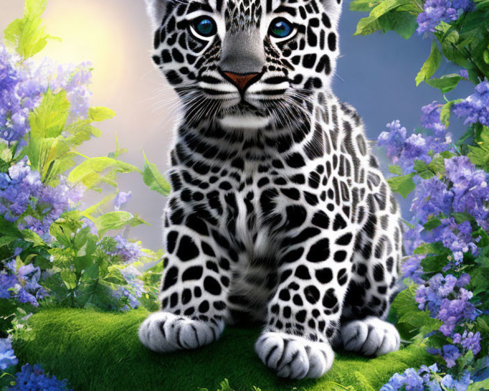 Young Jaguar Cub with Striking Blue Eyes Surrounded by Purple Flowers
