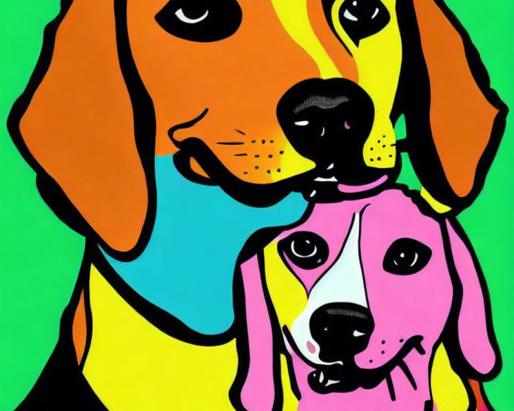 Colorful Pop Art Style Illustration of Two Dogs in Orange and Pink