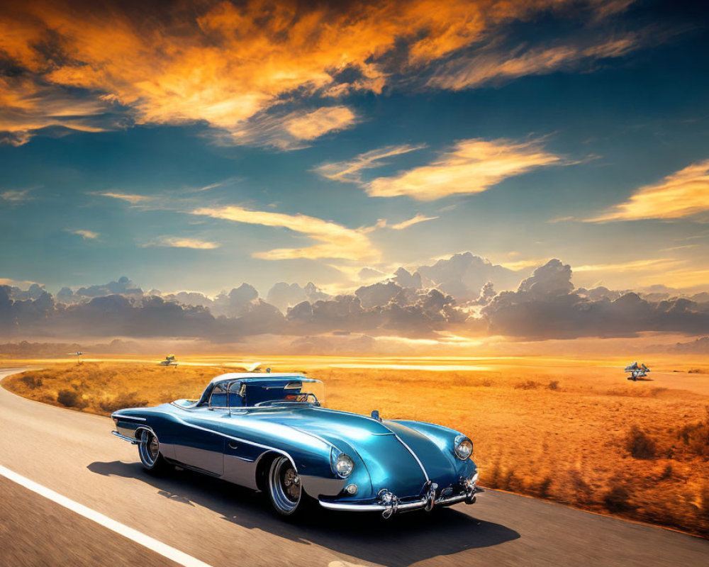 Vintage Blue Convertible Car Driving on Open Road at Sunset