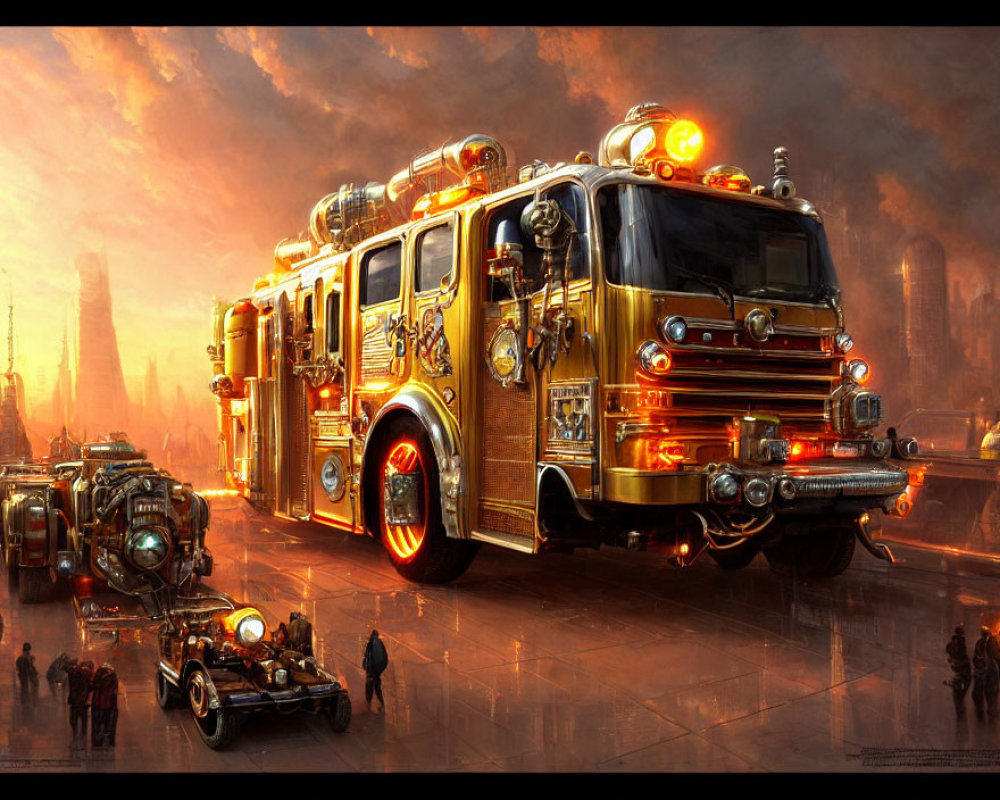 Detailed futuristic chrome firetruck in dystopian cityscape at sunset