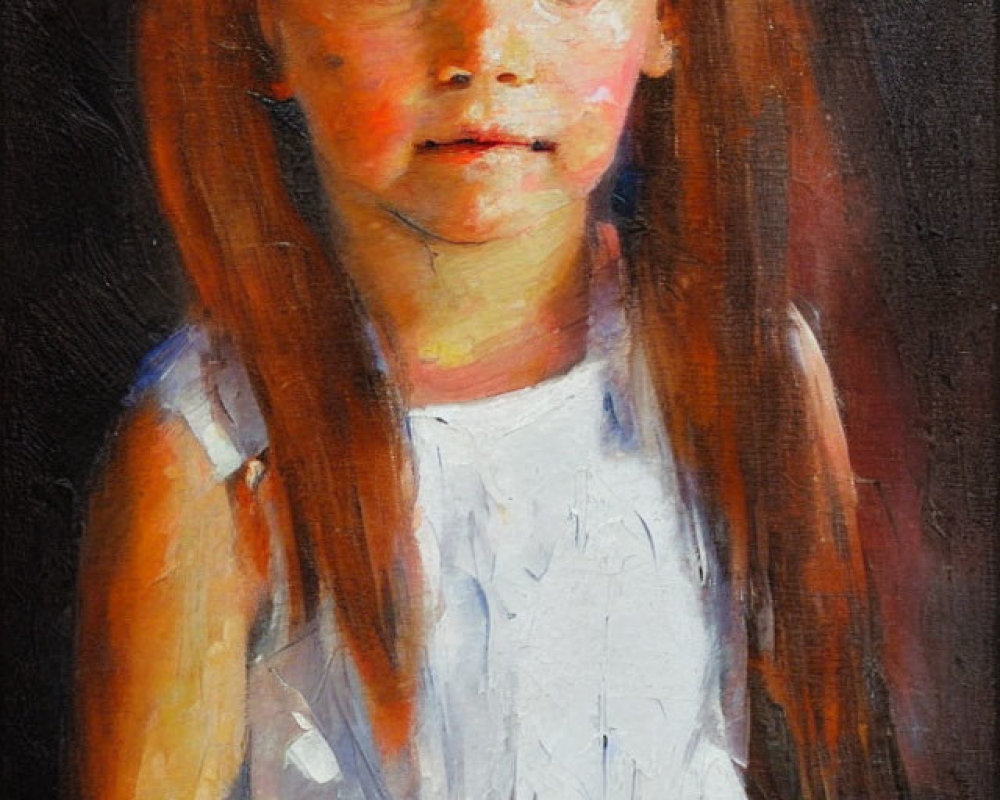 Portrait of a Young Girl with Brown Hair and Rosy Cheeks in White Dress