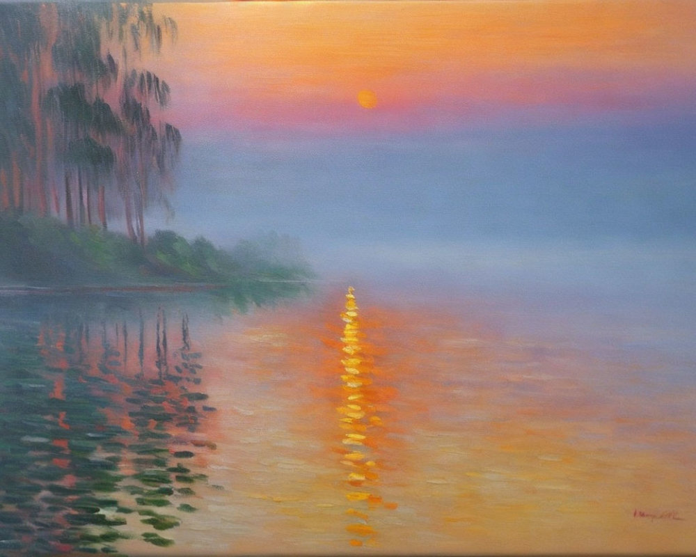 Tranquil sunset painting with golden water reflection and tree silhouettes