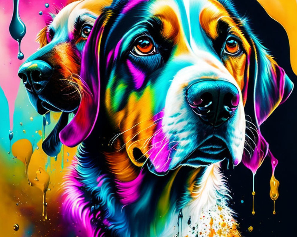 Colorful Digital Painting of Two Dogs on Neon Background