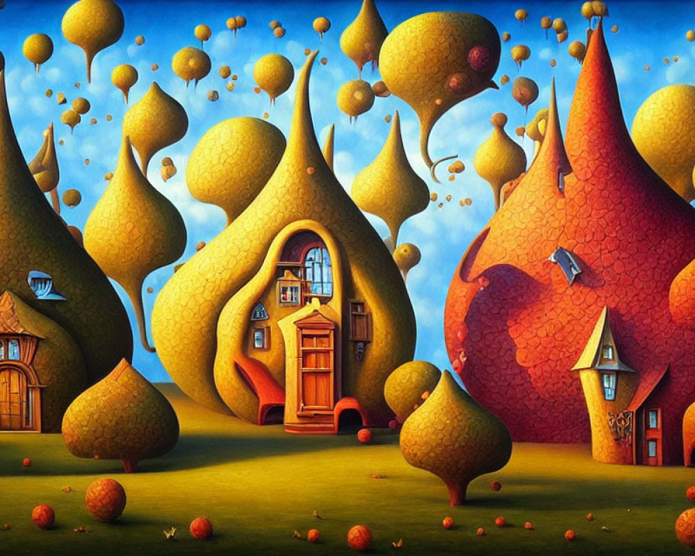 Vibrant surreal artwork: pear-shaped houses, floating orbs, apple-like objects, blue sky