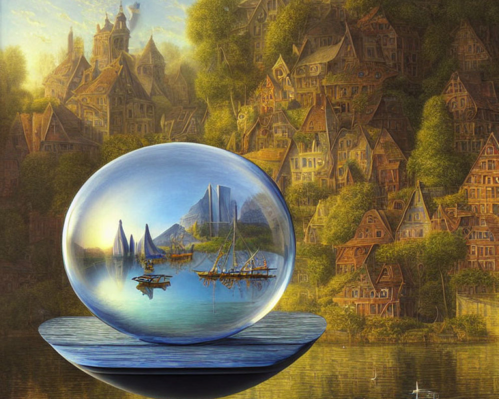 Surreal landscape with hillside houses and boats in clear sphere