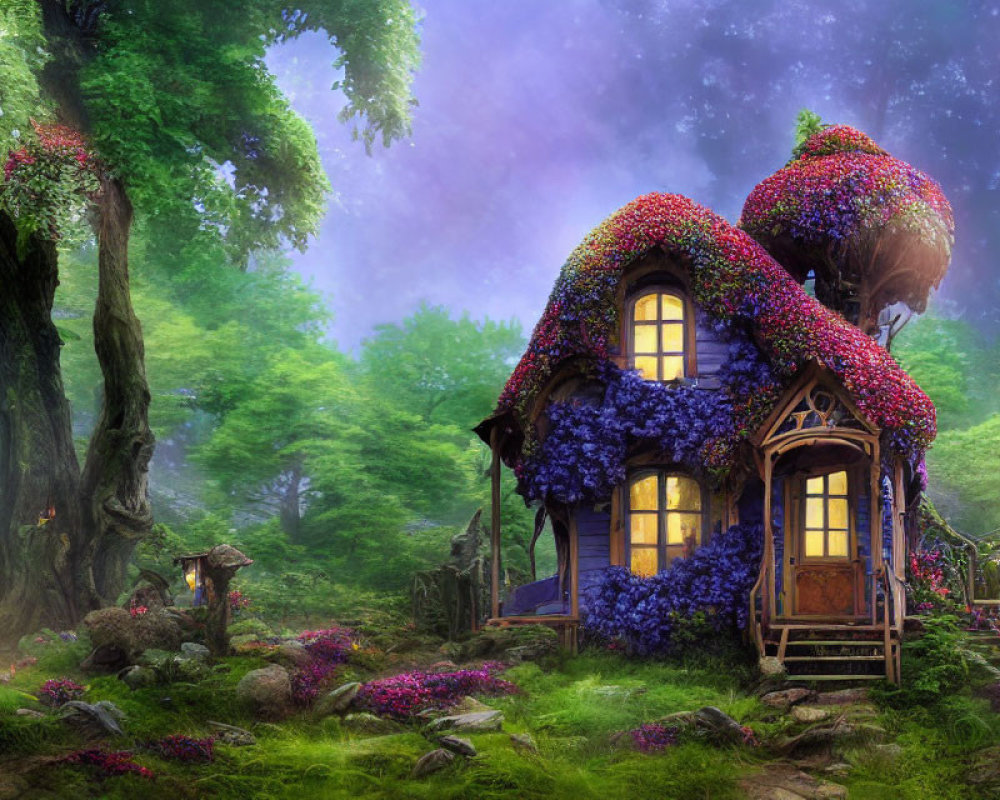 Purple Flower-Covered Cottage in Enchanting Forest Clearing