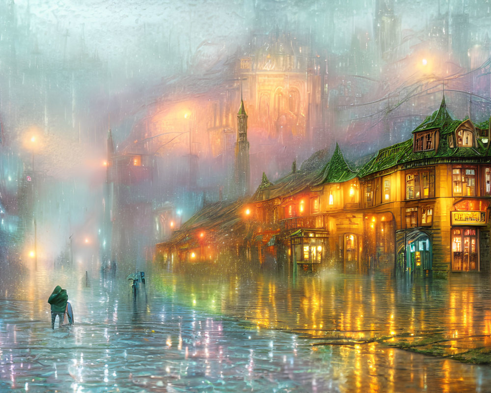 Person with umbrella strolling on rain-soaked street under misty sky