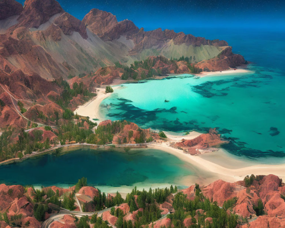 Coastal landscape with turquoise waters, red mountains, sandy beaches, under starry night sky