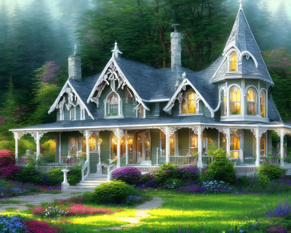 Victorian-style house with ornate trimmings in twilight gardens