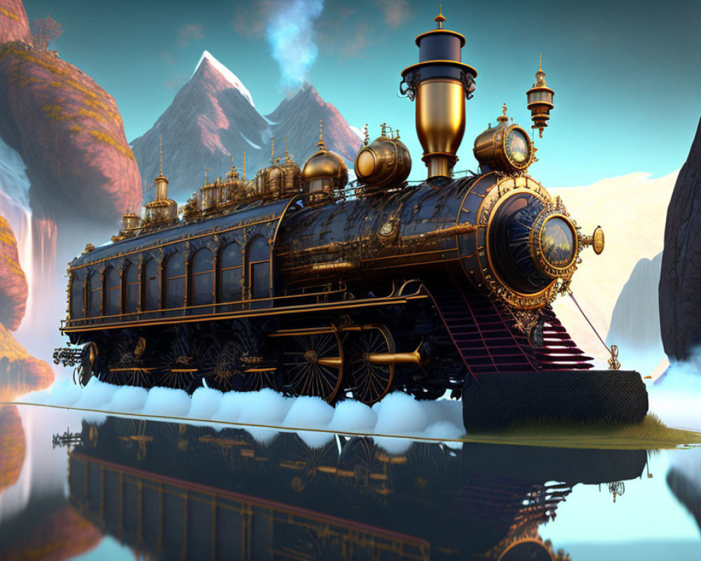 Vintage steam locomotive with golden accents in fantastical landscape