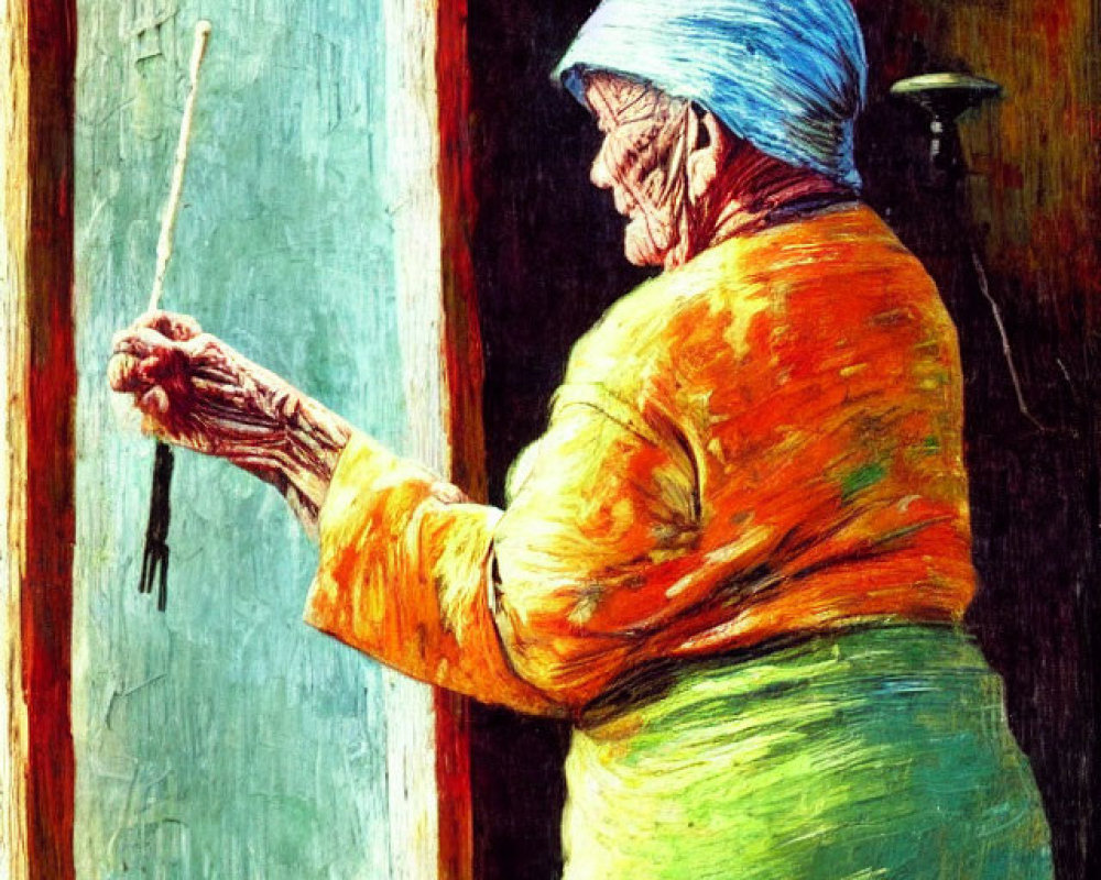 Elderly woman sewing by window with blue headscarf