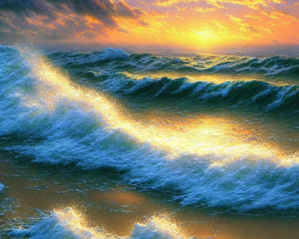 Scenic sunset over ocean with golden light on waves under cloudy sky