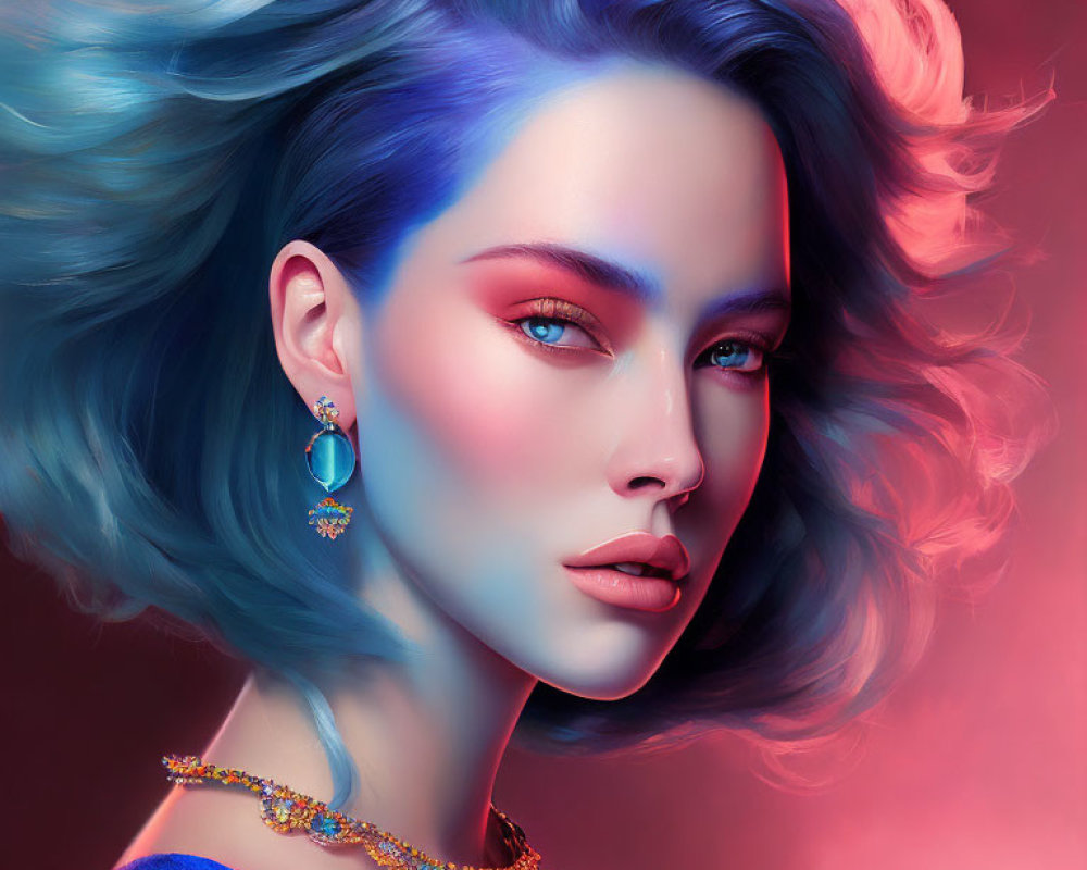 Vibrant digital portrait of a woman with blue and purple hair, blue eyes, earring,