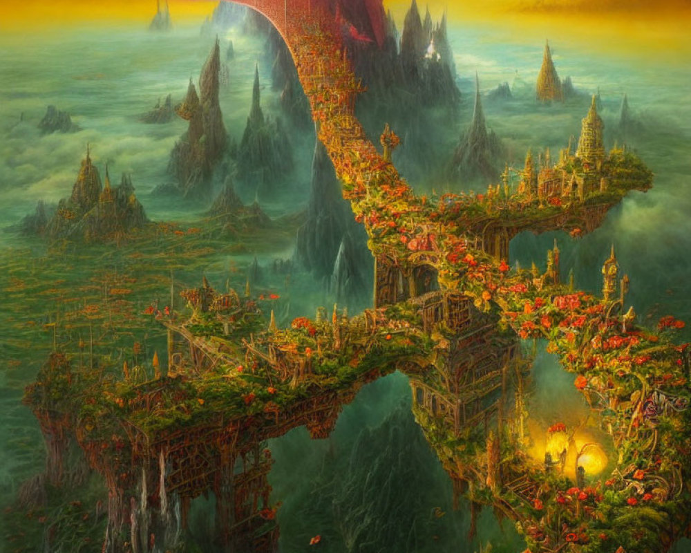 Fantastical landscape with winding bridge, towering spires, glowing orb, and yellow sky.
