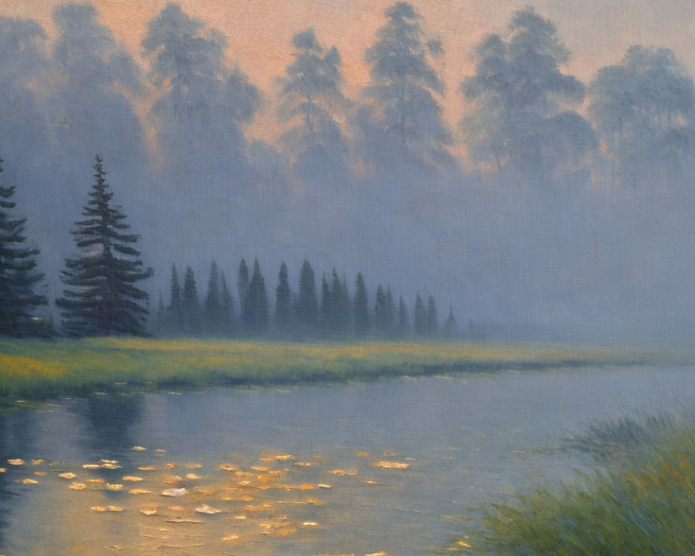 Misty forest at dusk: tranquil river, golden light, hazy sky