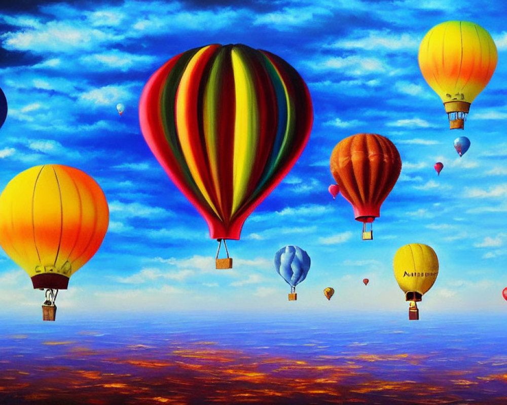 Vibrant hot air balloons in colorful sky at sunset