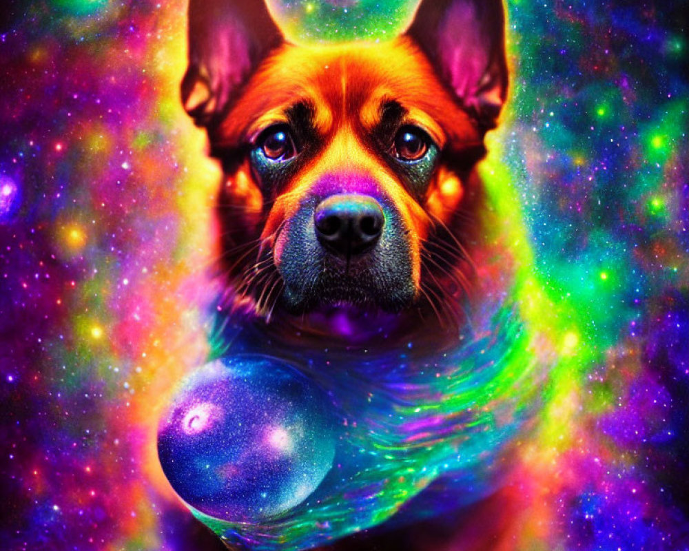 Colorful Dog with Pointed Ears Holding Glowing Orb on Galaxy Background