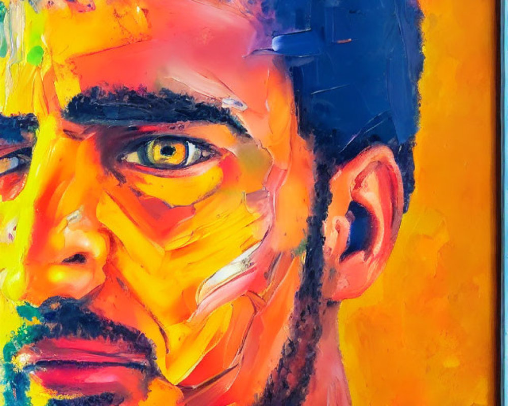 Colorful portrait of a man with intense eyes in bold orange, yellow, and blue hues