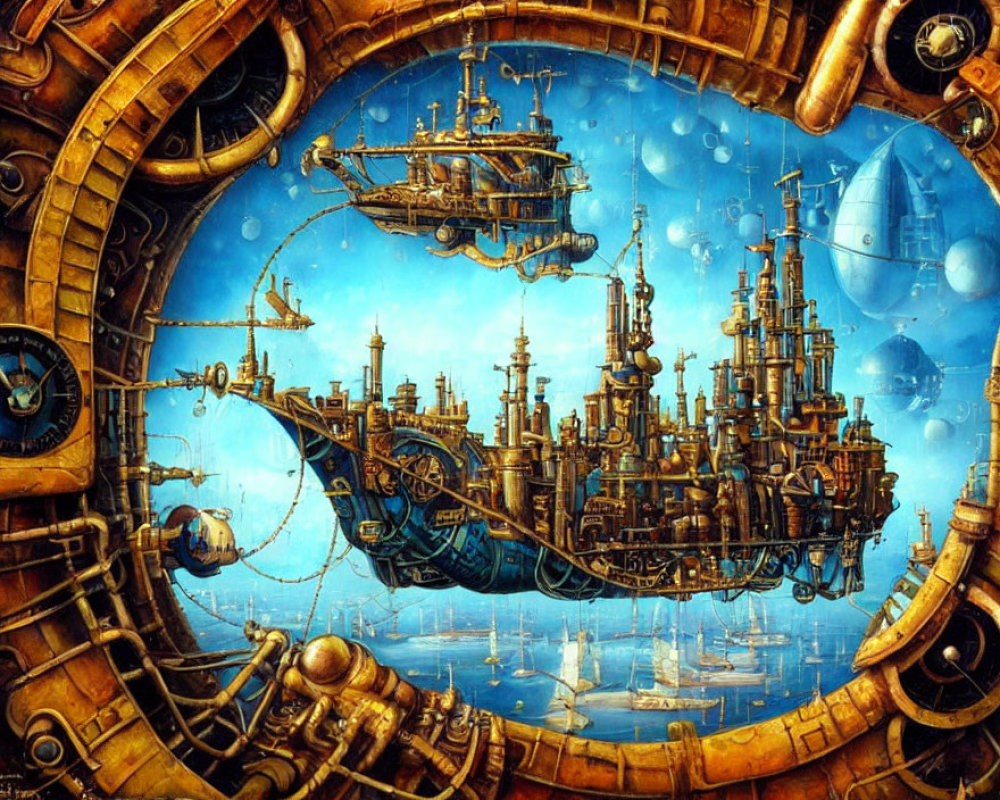 Steampunk cityscape with airships and blue color palette in circular brass frame
