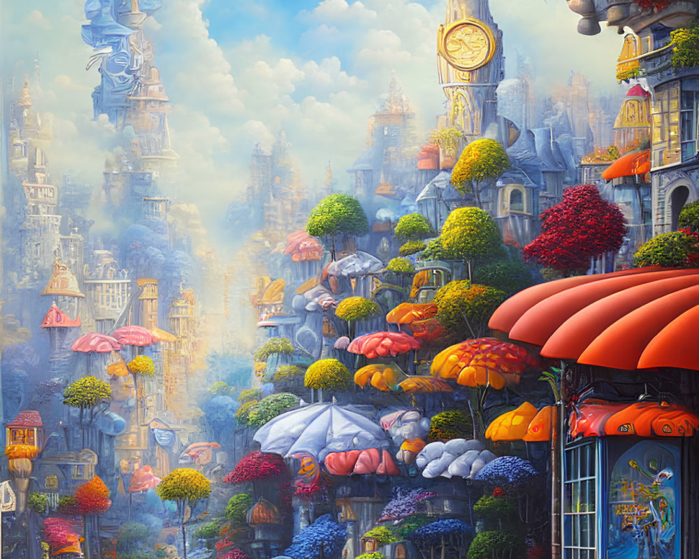 Elaborate towers and autumnal trees in a vibrant cityscape