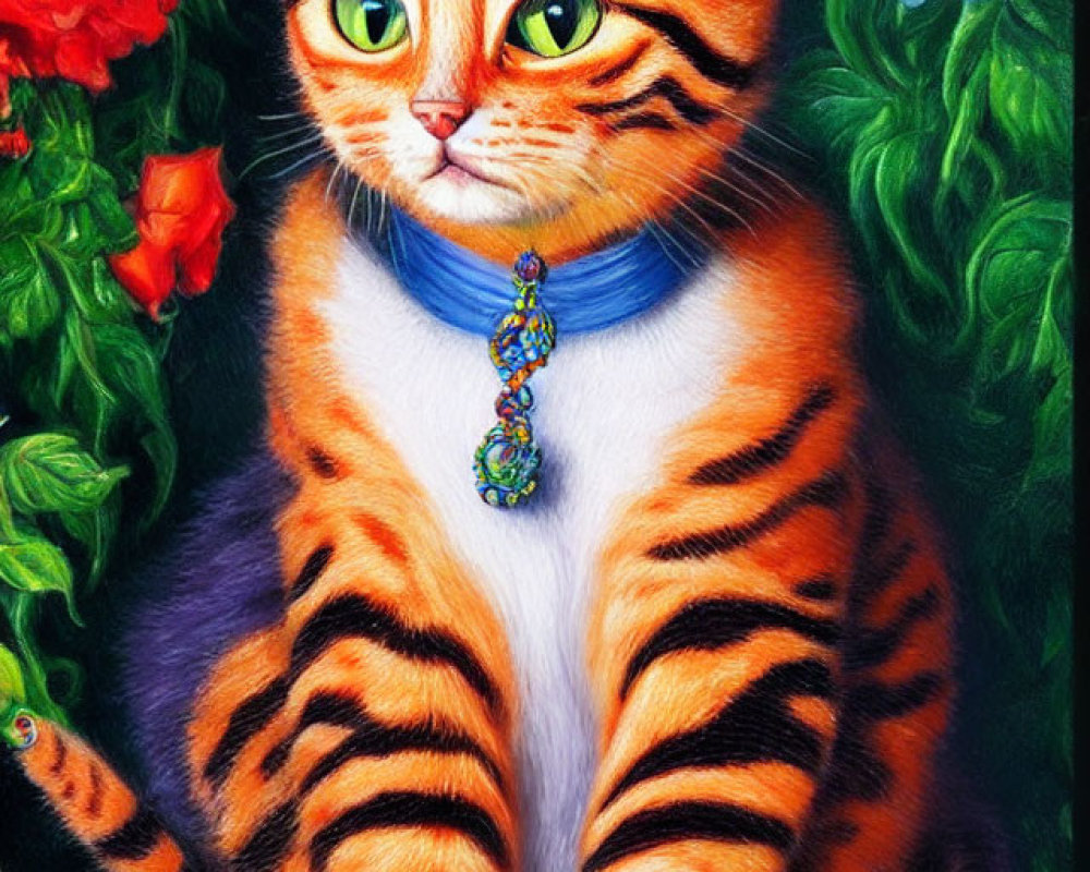 Vibrant painting of an orange tabby cat with green eyes in a floral setting