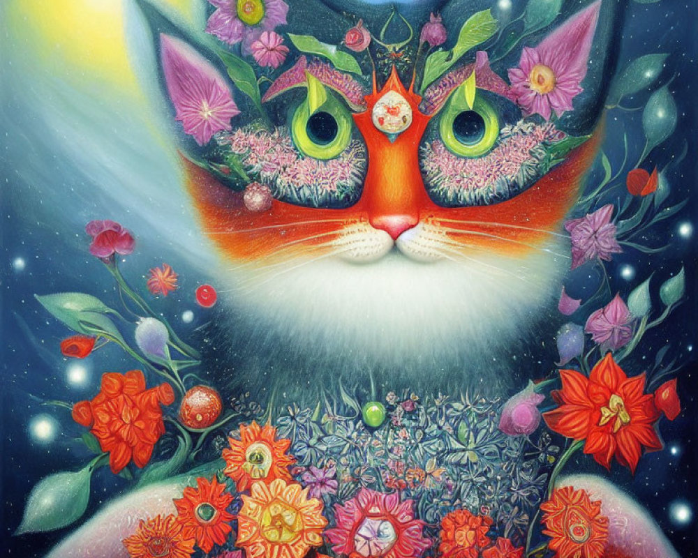 Colorful Floral Cat Illustration on Celestial Background