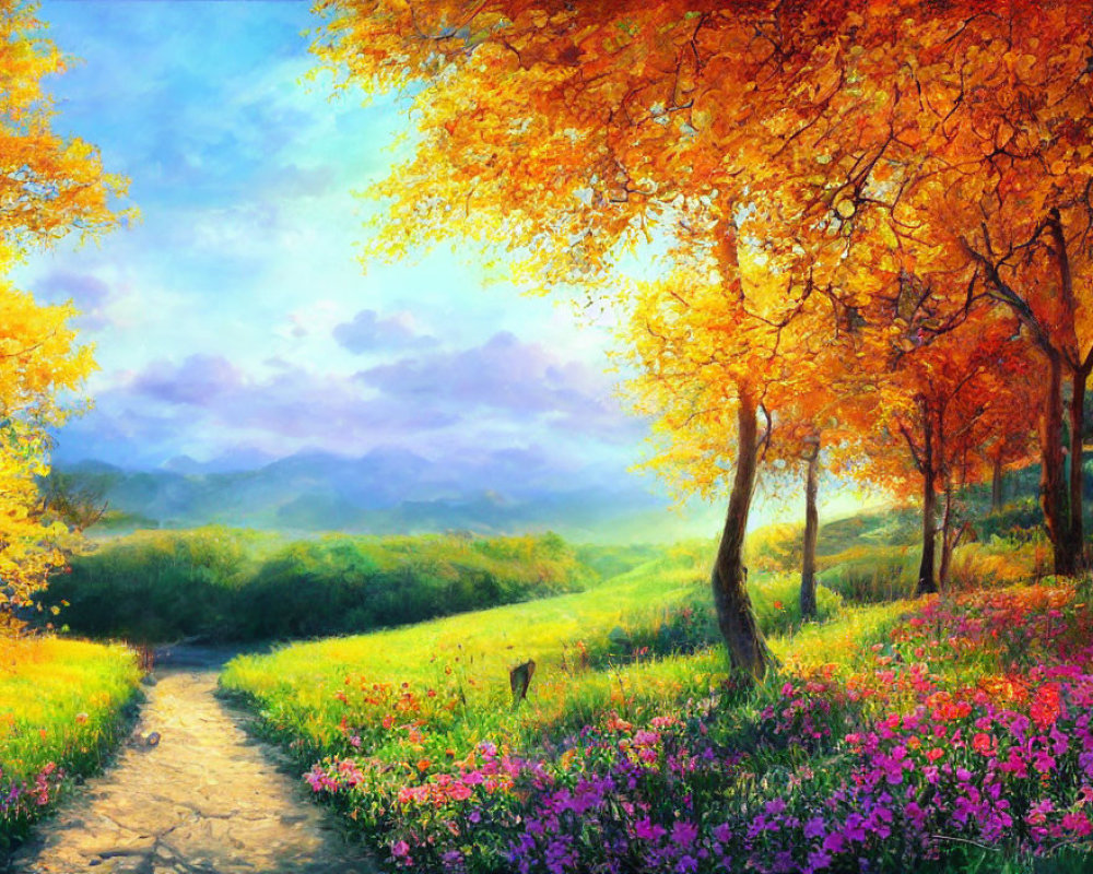 Scenic landscape with autumn trees, winding path, flowers, and mountains