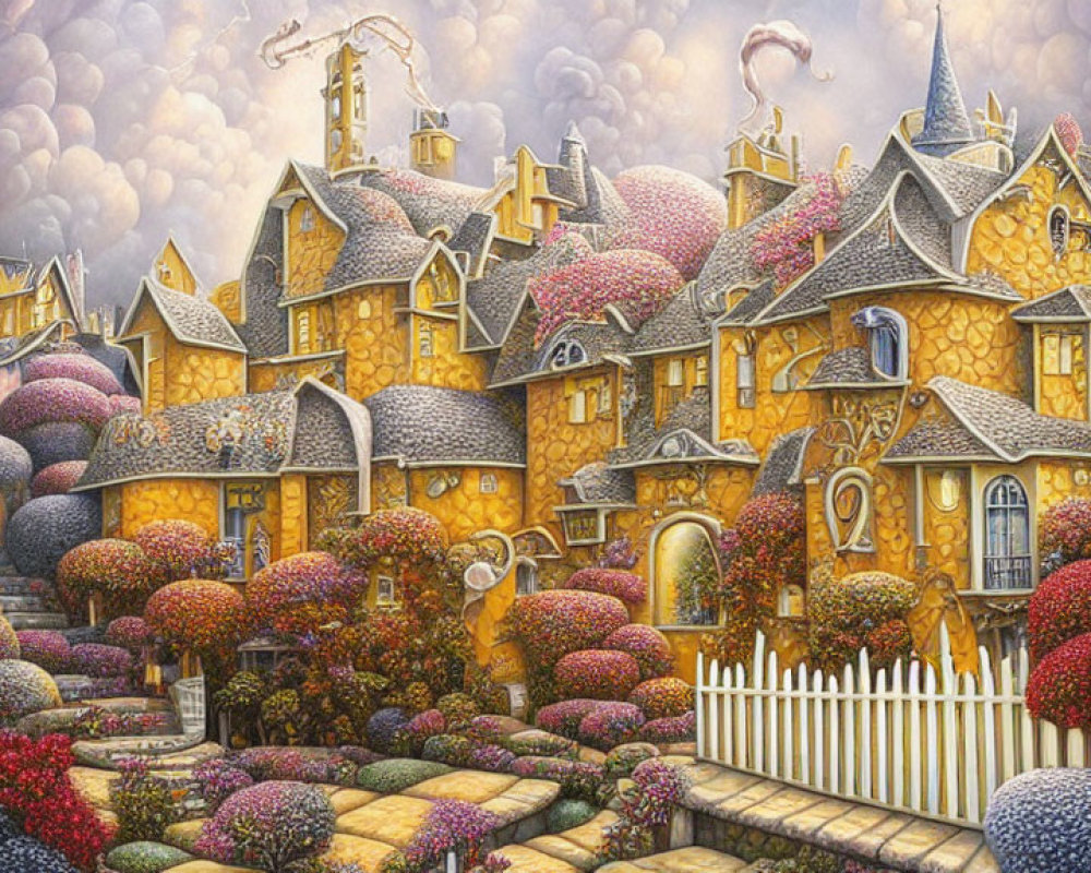 Colorful Fantasy Village Painting with Berry-Covered Houses and Castle