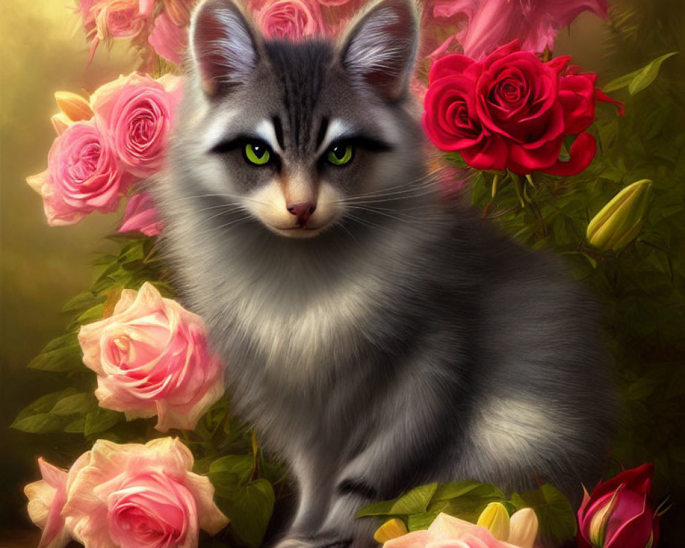 Fluffy Gray Cat Surrounded by Pink and Red Roses