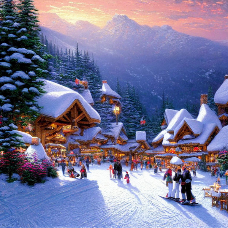 Snow-covered chalets and bustling village street at dusk with mountains in background
