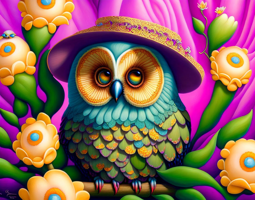 Colorful Stylized Owl with Hat and Flowers on Purple Background