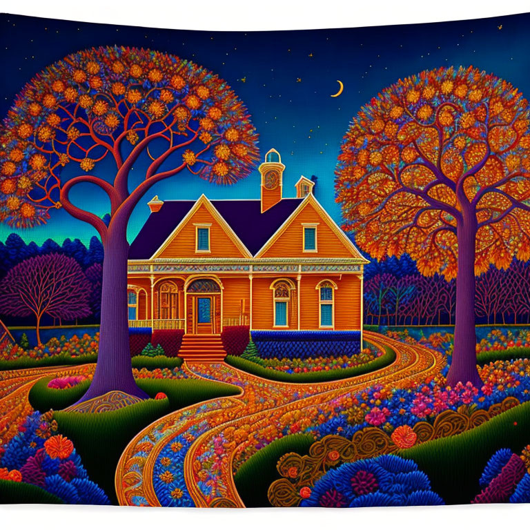 Colorful illustration of house with orange trees in garden at night