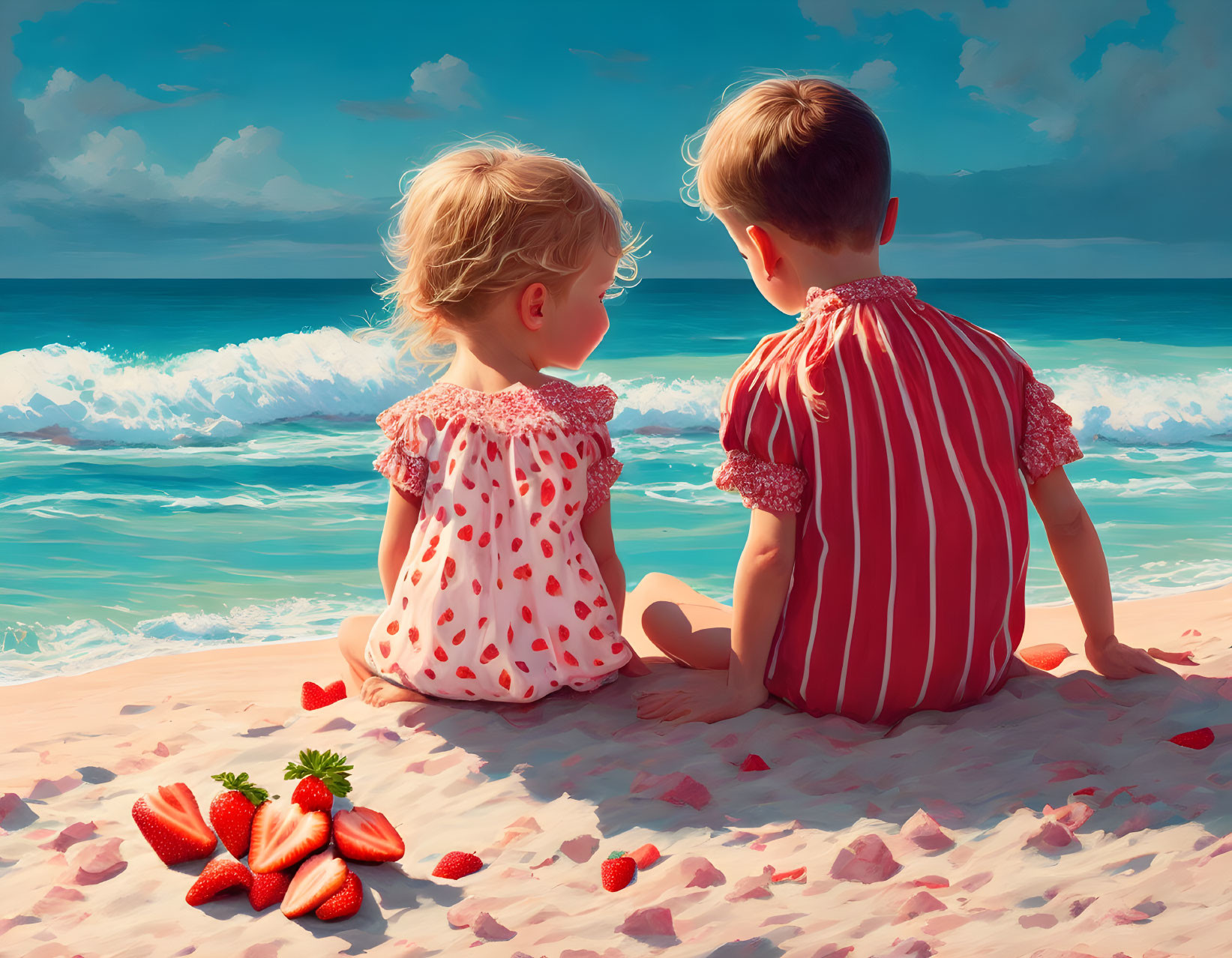 a boy and a girl are sitting on the beach 