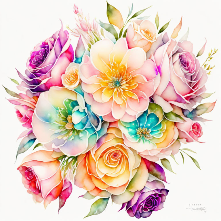Detailed Watercolor Painting of Bouquet with Roses and Peonies