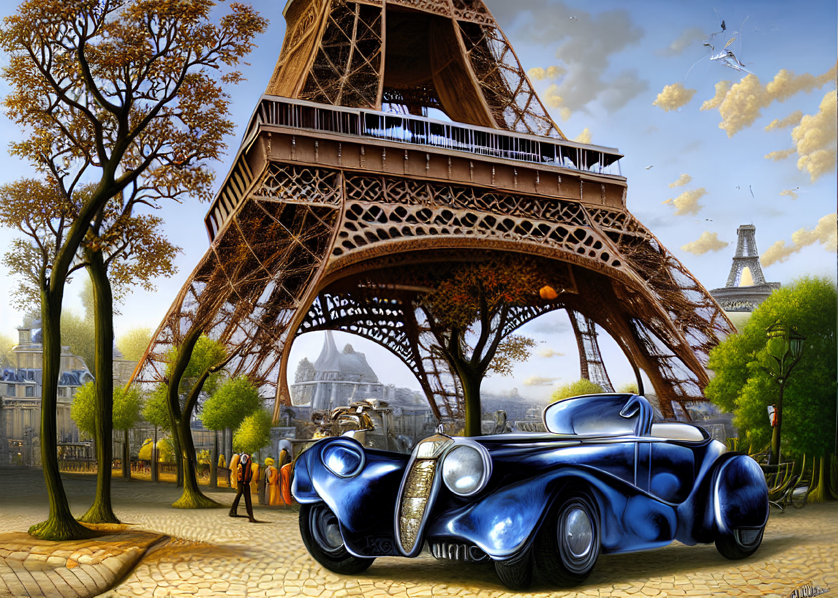 Eiffel Tower painting with vintage car in autumn landscape