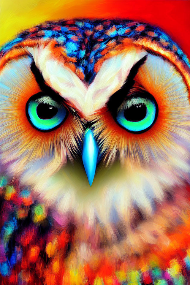 Colorful Digital Art: Owl with Intense Blue Eyes and Fiery Feathers