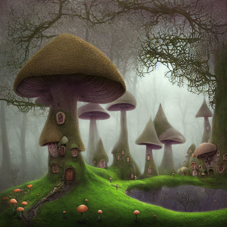 Whimsical forest with oversized mushroom houses and misty atmosphere